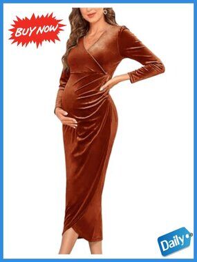 Velvet Maternity Wrap Dress Long Sleeve V-Neck Midi Nursing-Friendly